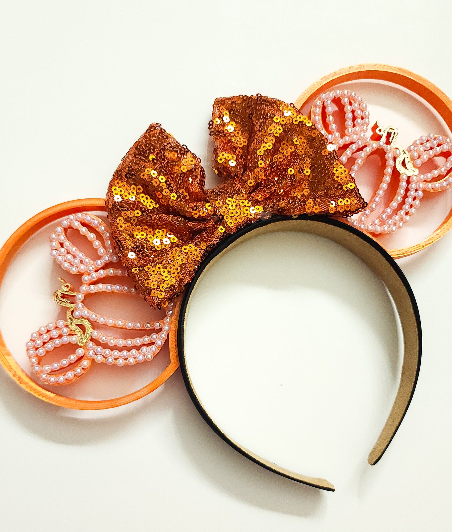 SILK ORANGE cozy pumpkin white pearl /gold accents pumpkin ear your choice of bow, fall ears, autumn ears, Thanksgiving ears, Halloween ears