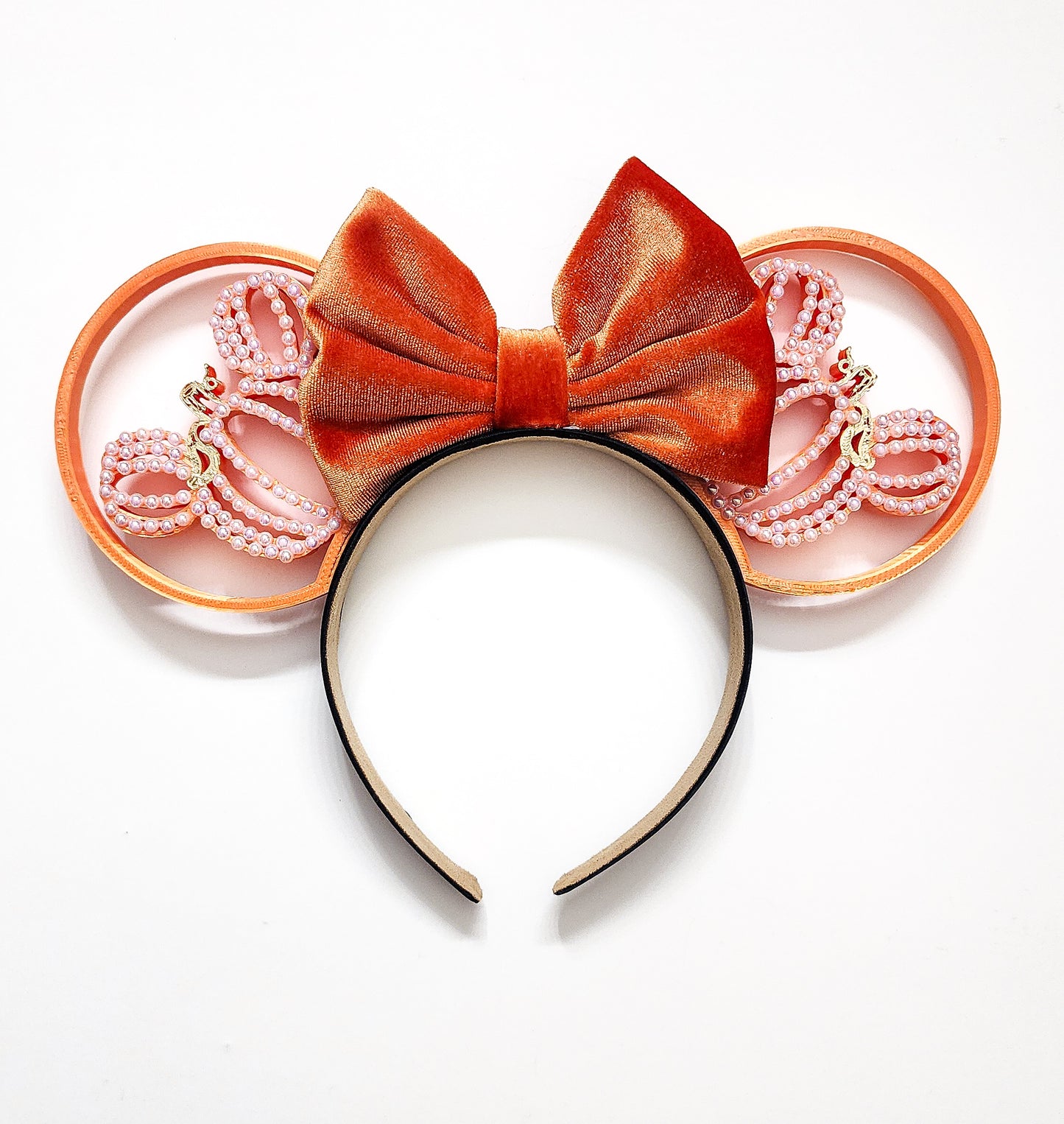 SILK ORANGE cozy pumpkin white pearl /gold accents pumpkin ear your choice of bow, fall ears, autumn ears, Thanksgiving ears, Halloween ears