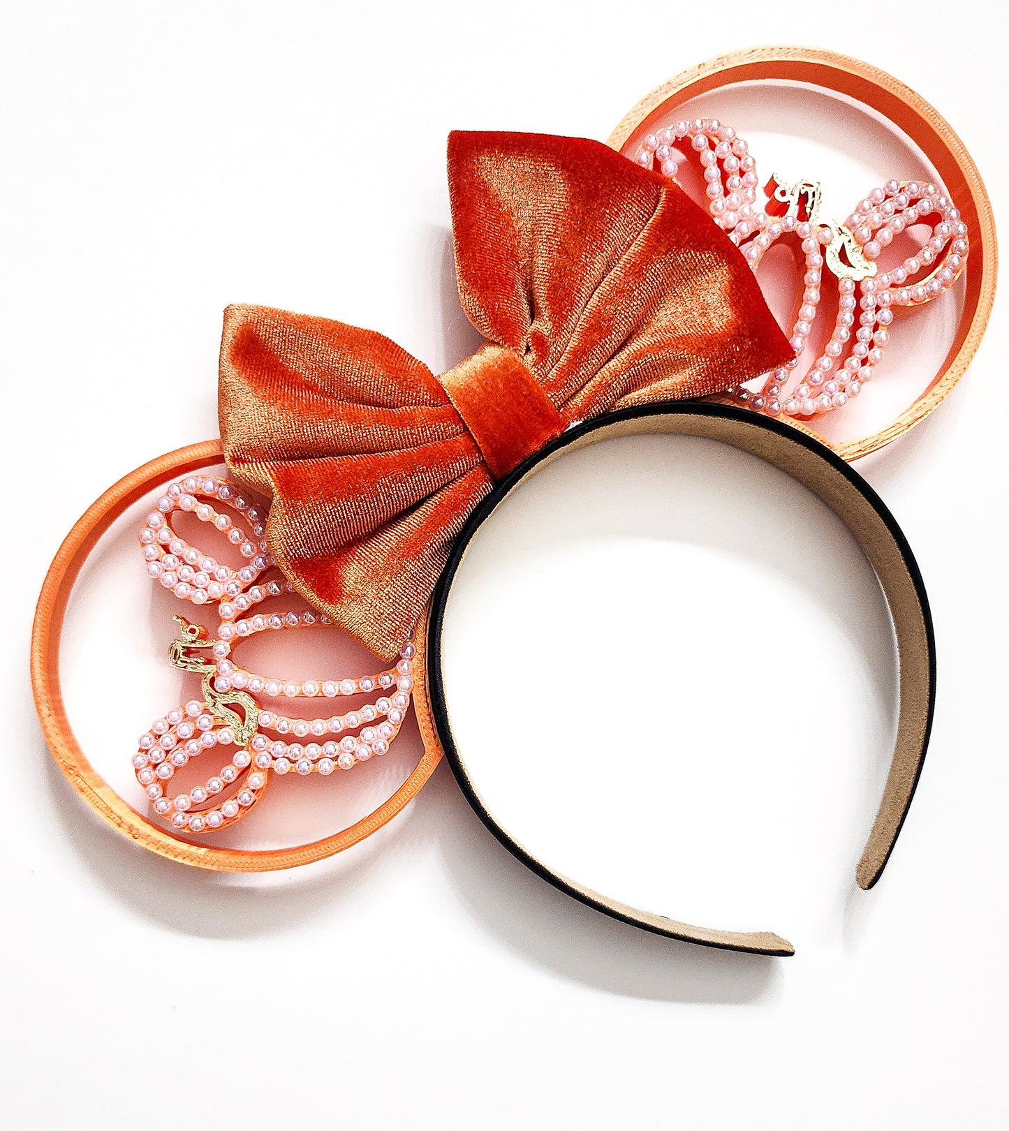SILK ORANGE cozy pumpkin white pearl /gold accents pumpkin ear your choice of bow, fall ears, autumn ears, Thanksgiving ears, Halloween ears