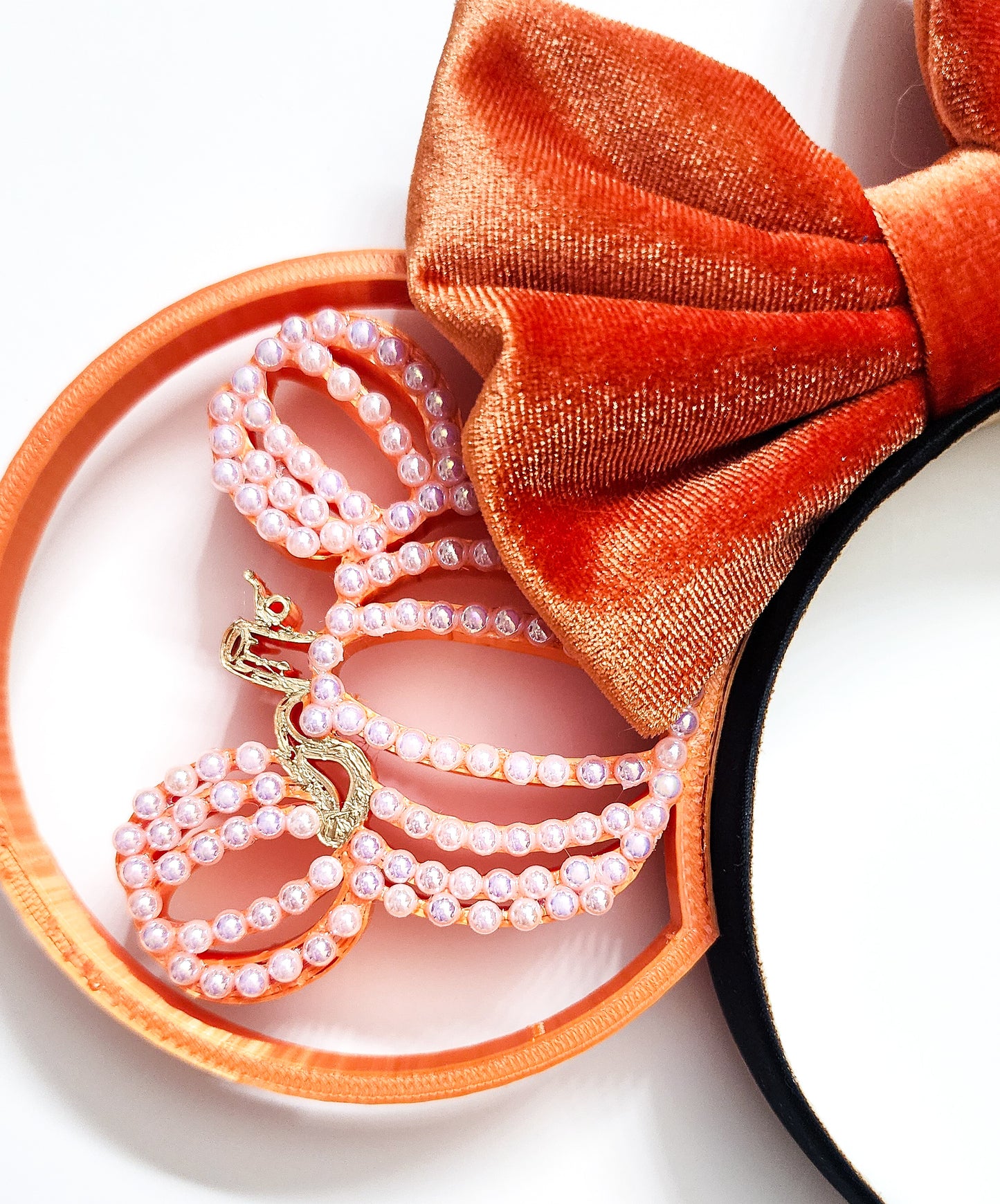 SILK ORANGE cozy pumpkin white pearl /gold accents pumpkin ear your choice of bow, fall ears, autumn ears, Thanksgiving ears, Halloween ears