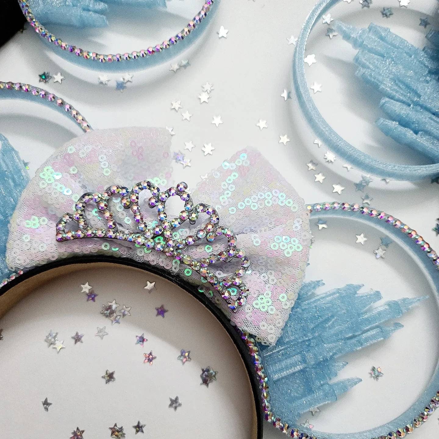 Glitter Blue Princess castle ears, 3d mouse ears.