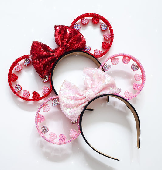 Red or Pink little hearts Valentine's Ears with rhinestones and pearls