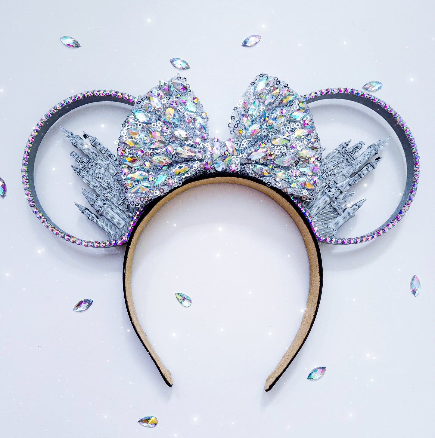 SILVER castle 3d ears with rhinestone sequin bow