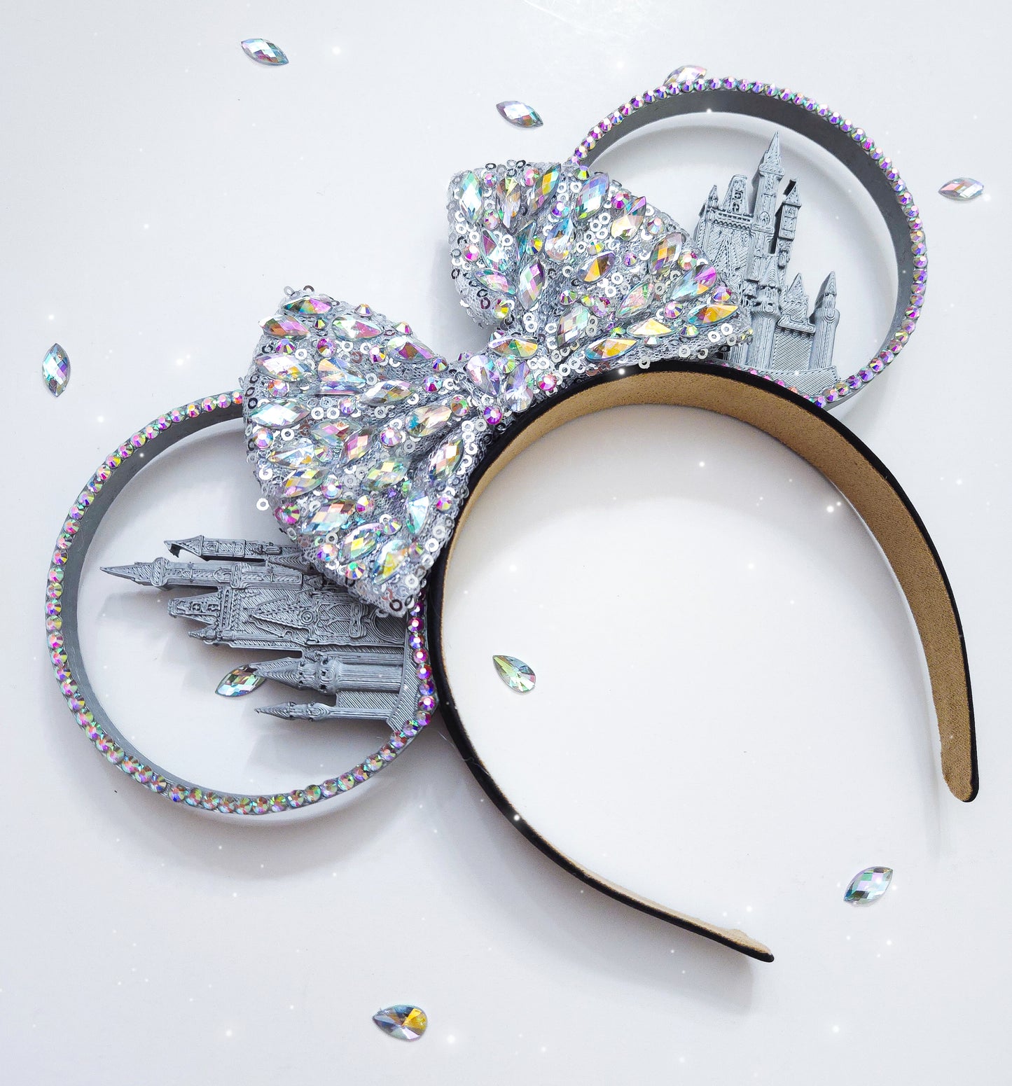 SILVER castle 3d ears with rhinestone sequin bow