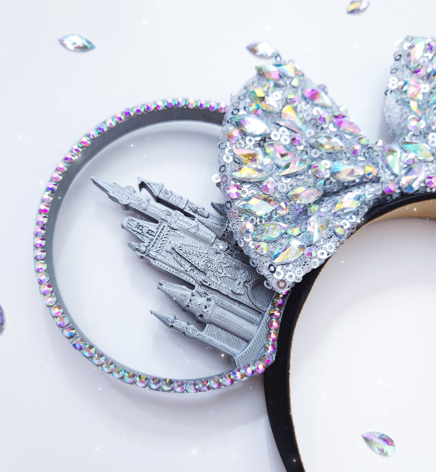 SILVER castle 3d ears with rhinestone sequin bow