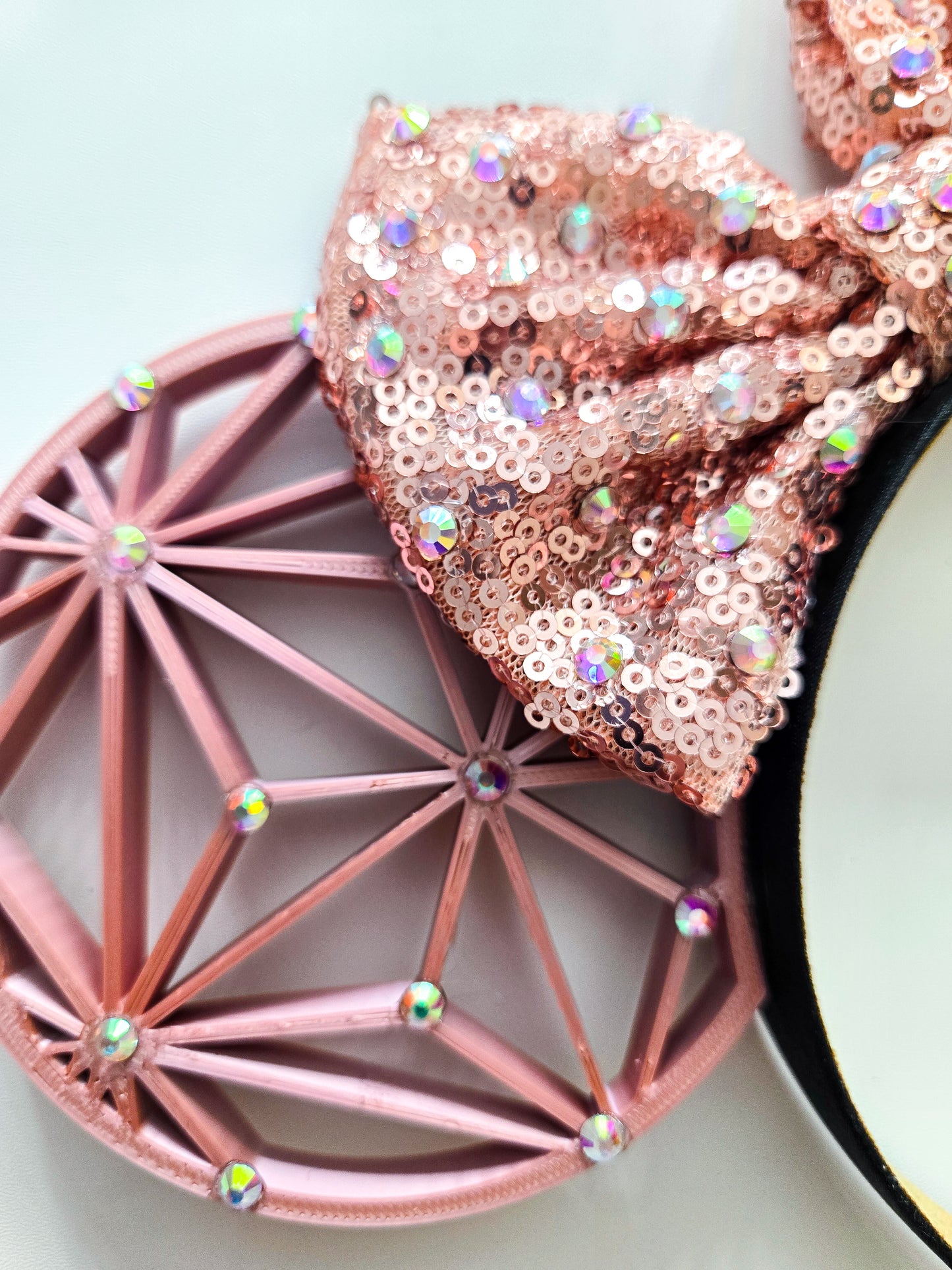 deal of the day : rose gold geometeic 3d ears with star rhinestone detail rose gold sequin bow with rhinestones