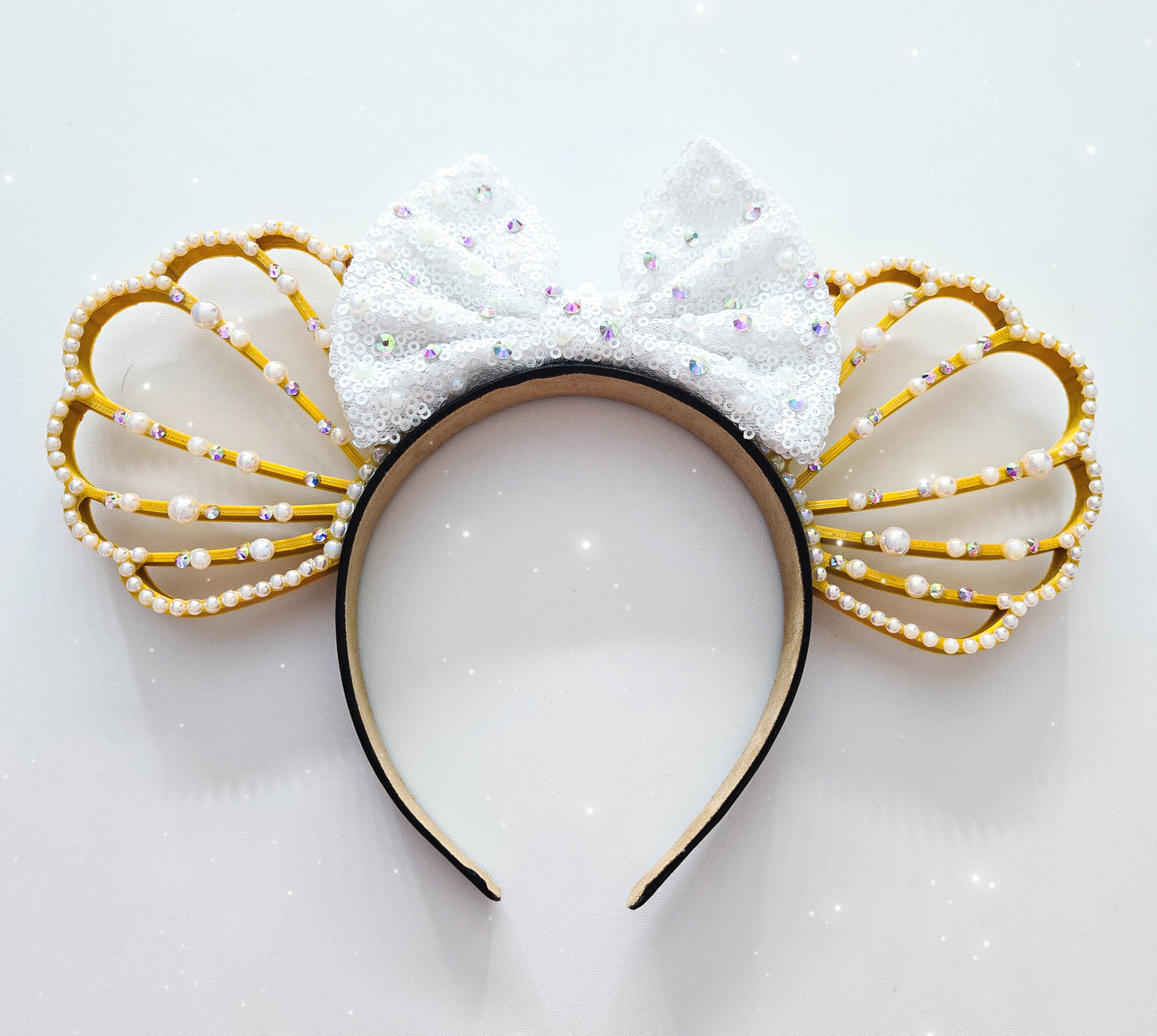 Gold pearl rhinestone Princess Mermaid 3D Mouse Ears  Shells with sequin bow