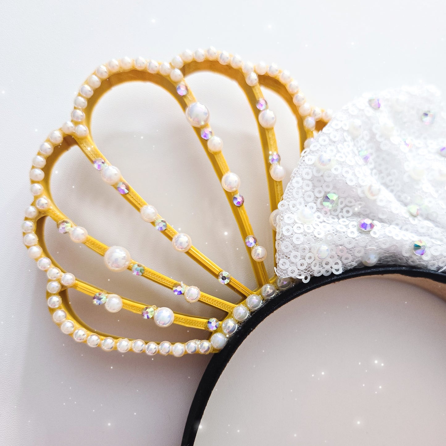 Gold pearl rhinestone Princess Mermaid 3D Mouse Ears  Shells with sequin bow