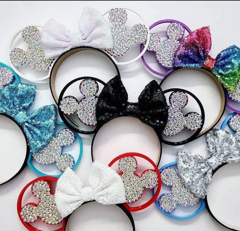 Mouse shape ears with rhinestones and sequin bow