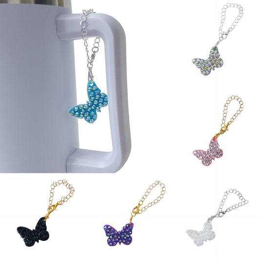 Tumbler charms butterfly with rhinestones. Gold or silver chain