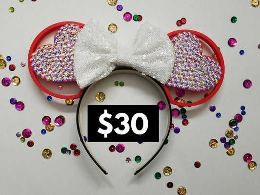 3D Mouse Ears with rhinestone valentine hearts and Sequin bow