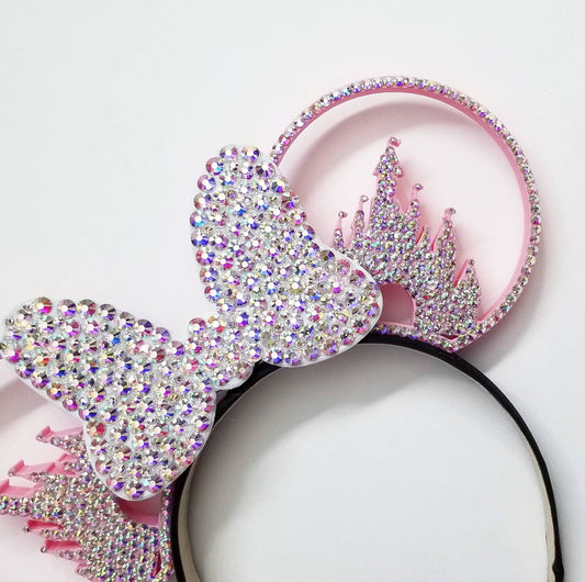 California Castle Dreams ,Rhinestone 3D castle inspired Ears with Rhinestone Bow OR Sequin bow