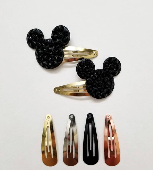 2 MOUSE snap clips with BLACK rhinestones, includes both,  you choose your color clip