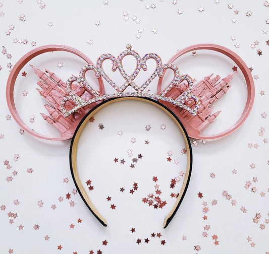 ROSE GOLD PRINCESS castle ears with tiara, 3d mouse ears.