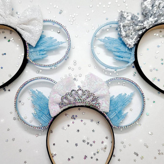 Glitter Blue Princess castle ears, 3d mouse ears.