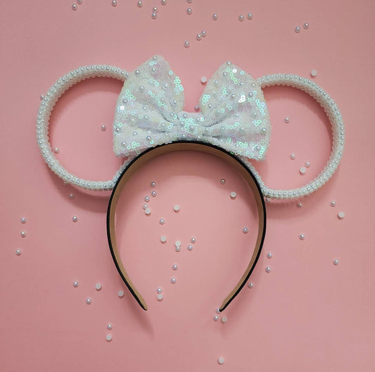 White AB pearl rings 3D Mouse Ears all sides covered with pearls