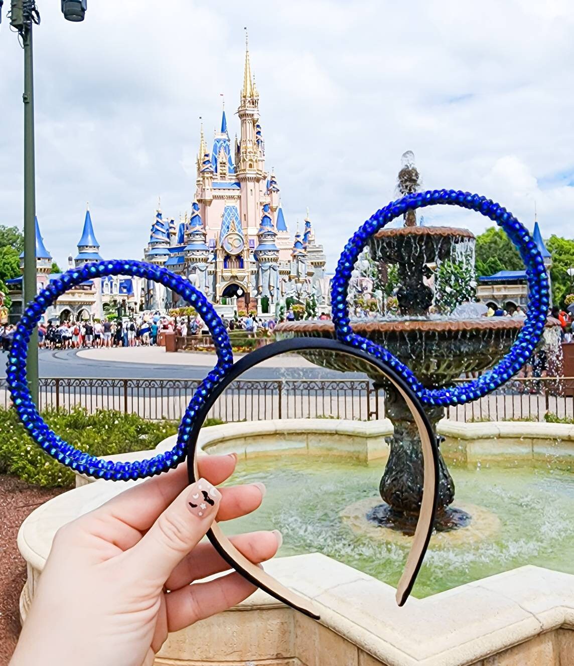 Magic Mountain ears ORIGINAL design-Black/blue AB Rhinestone rings 3D Mouse Ears all sides covered with rhinestones