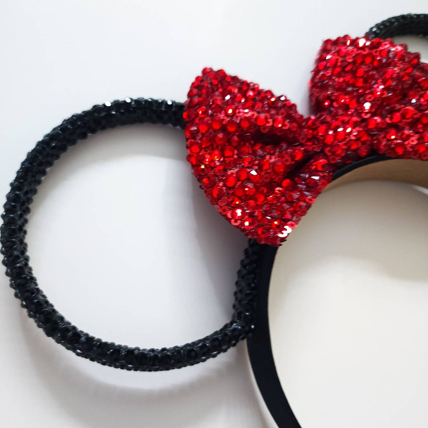 Magic Mountain ears ORIGINAL design-Black Rhinestone rings with red rhinestone sequin bow 3D Mouse Ears all sides covered