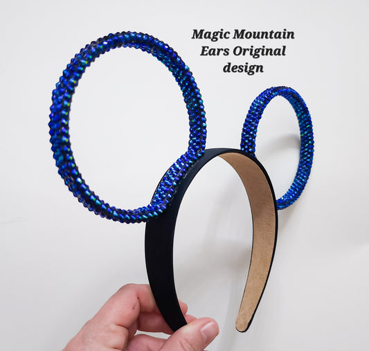 Magic Mountain ears ORIGINAL design-Black/blue AB Rhinestone rings 3D Mouse Ears all sides covered with rhinestones