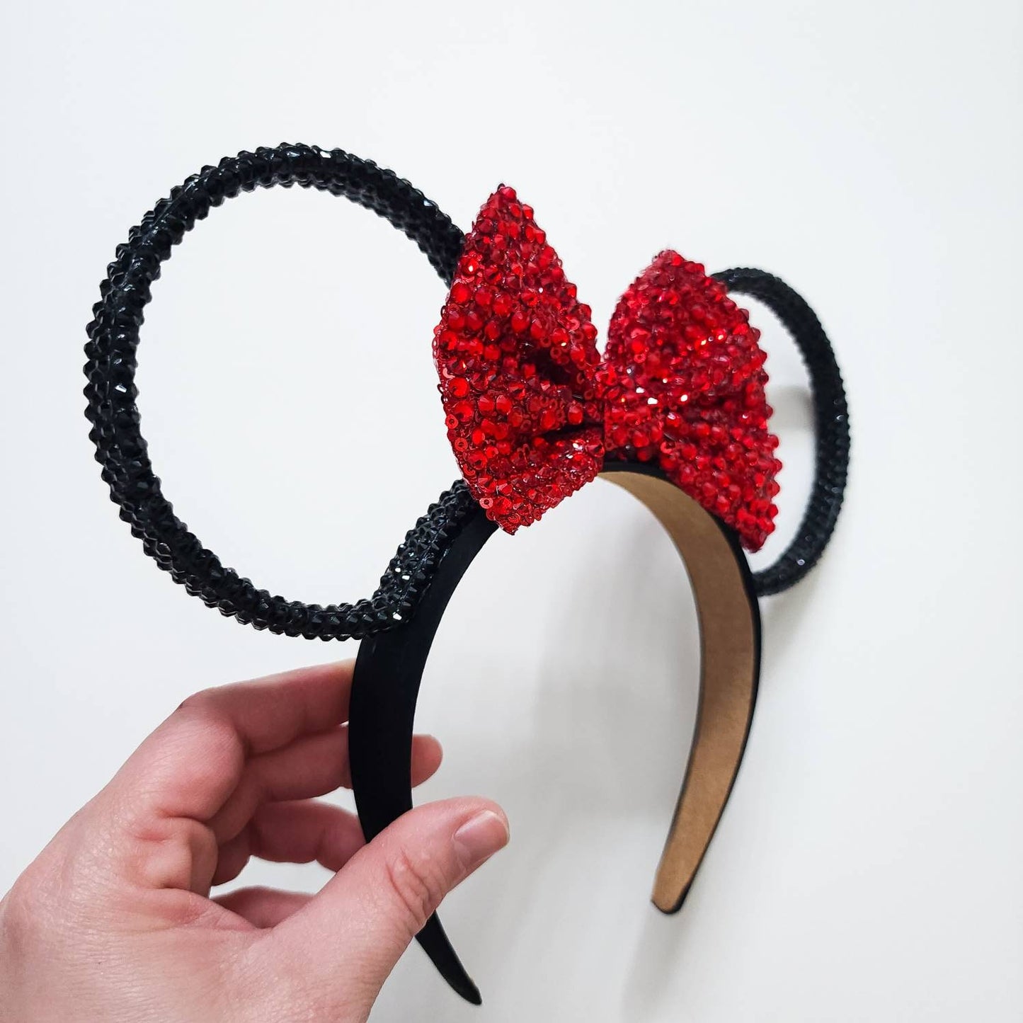 Magic Mountain ears ORIGINAL design-Black Rhinestone rings with red rhinestone sequin bow 3D Mouse Ears all sides covered