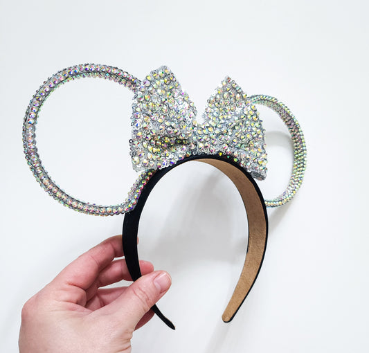 Magic Mountain ears ORIGINAL design-AB  Rhinestone rings with AB rhinestone  silver sequin bow 3D Mouse Ears all sides covered
