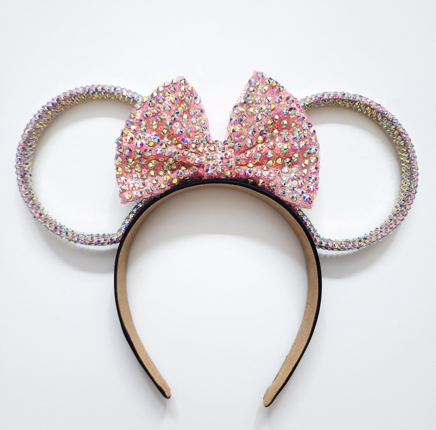 Magic Mountain Ears AB crystal rhinestone rose gold 3d rings with AB rhinestone iridescent peach sequin bow, Mouse Ears all sides covered