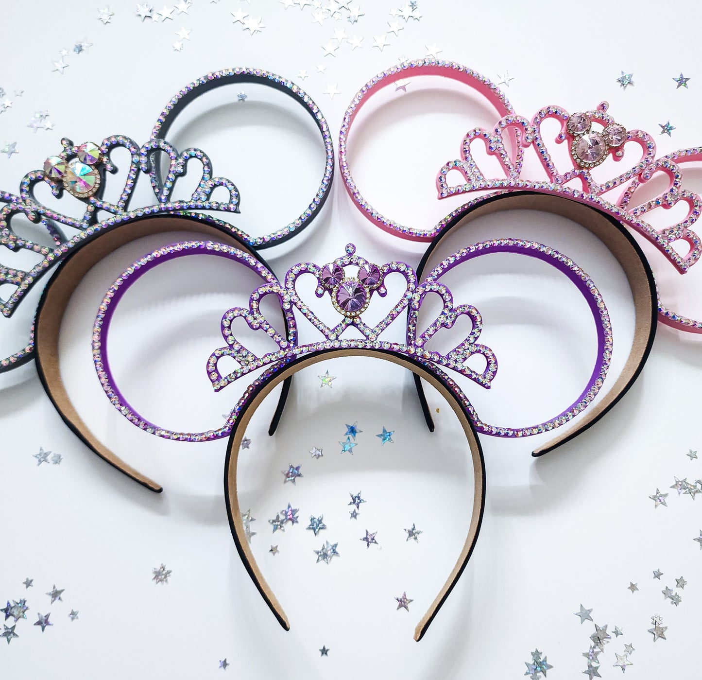 Mouse tiara Ab Rhinestone crown with 3d Rhinestone ears. Your choice of silver, pink, or purple tiara