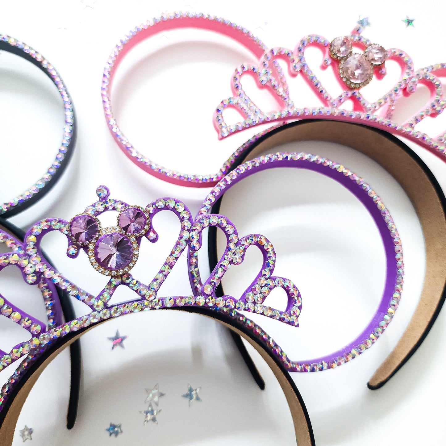 Mouse tiara Ab Rhinestone crown with 3d Rhinestone ears. Your choice of silver, pink, or purple tiara