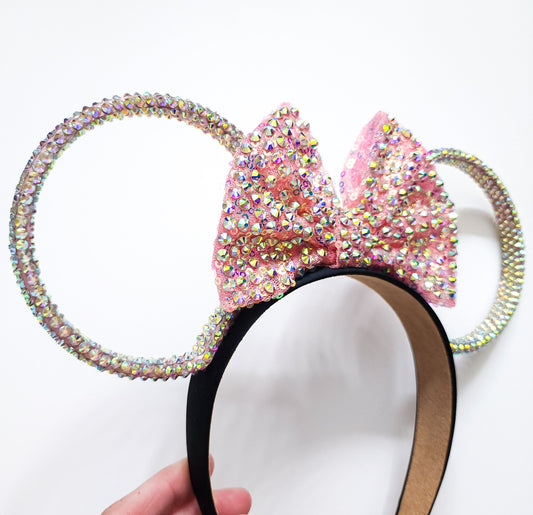 Magic Mountain Ears AB crystal rhinestone rose gold 3d rings with AB rhinestone iridescent peach sequin bow, Mouse Ears all sides covered