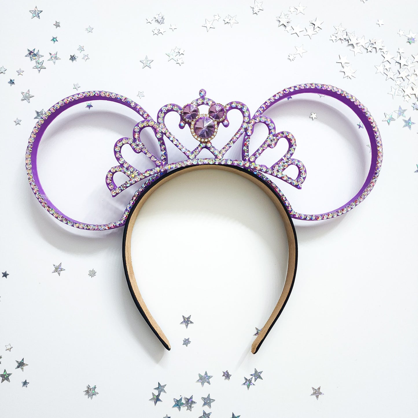 Mouse tiara Ab Rhinestone crown with 3d Rhinestone ears. Your choice of silver, pink, or purple tiara