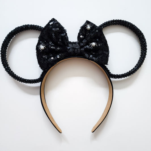 Pearl spider sequin bow on fully rhinestoned black rhinestone rings, Halloween 3D Mouse Ears