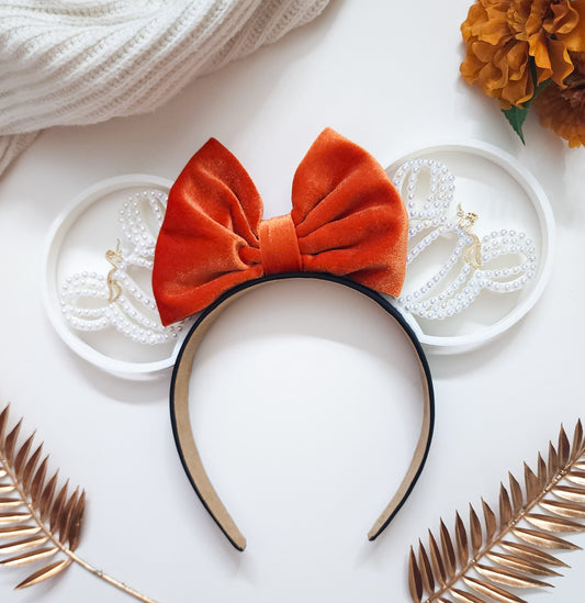 Cozy pumpkin white pearl /gold accents pumpkin ear your choice of bow, fall ears, autumn ears, Thanksgiving ears, Halloween ears