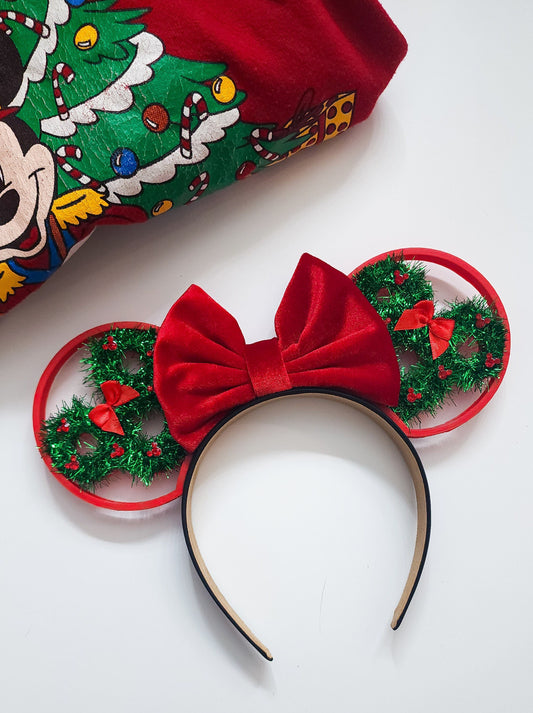 Mouse wreath ear tinsle/garland with red mouse rhinestone ornaments christmas ears, 3d ears , holiday ears