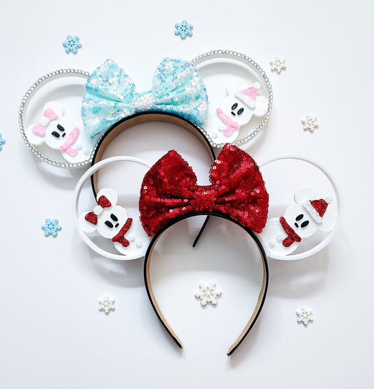 Mouse snowman ears, snow , glitter and rhinestones. Christmas ears, holidays ears